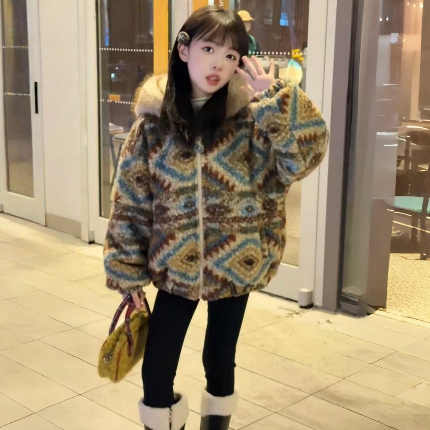 男女童冬季仿皮草外套2025新款彩虹熊几何提花连帽加绒加厚棉服潮,童装/婴儿装/亲子装,皮草/仿皮草,淘宝优惠券,粉丝福利购,淘宝优惠卷