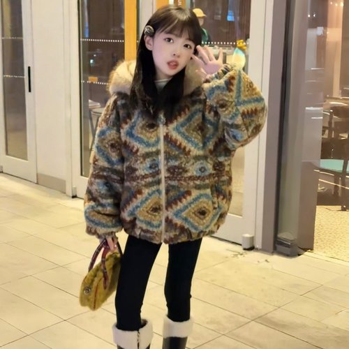 男女童冬季仿皮草外套2025新款彩虹熊几何提花连帽加绒加厚棉服潮
