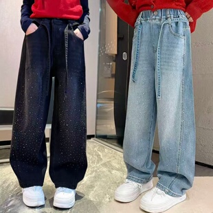 潮酷女童烫钻满天星牛仔裤2026新款洋气中大童显瘦直筒阔腿弯刀裤