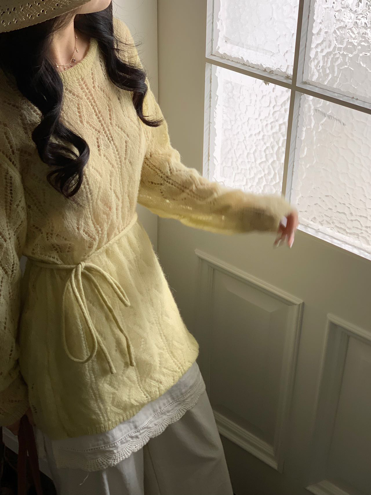Damao studio.韩系简约百搭圆领长袖长版针织女抽绳收腰系带上衣
