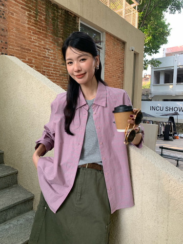 DAMAO定制/法式复古撞色竖条纹100%棉初秋色彩搭配基础款衬衫上衣