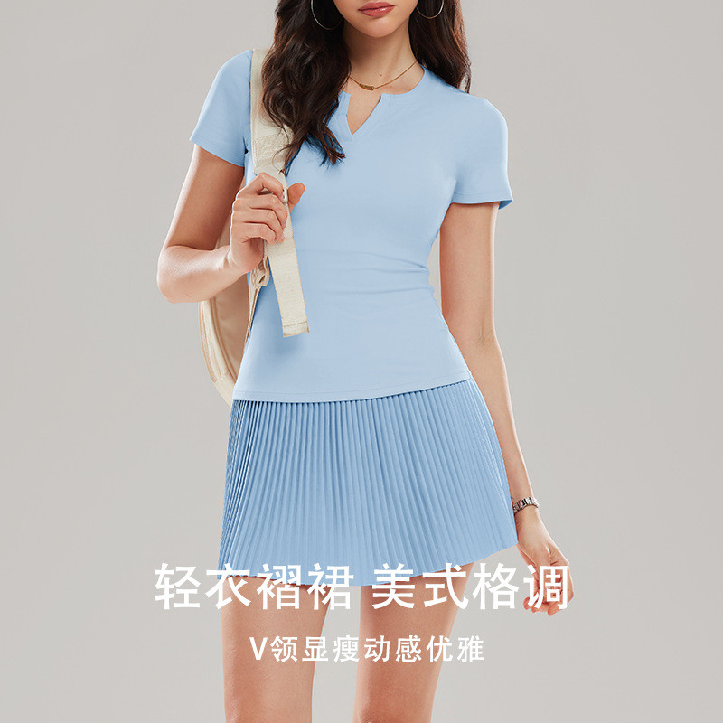辣妹V领网球套装女夏季短袖上衣百褶裙健身防走光瑜伽运动两件套