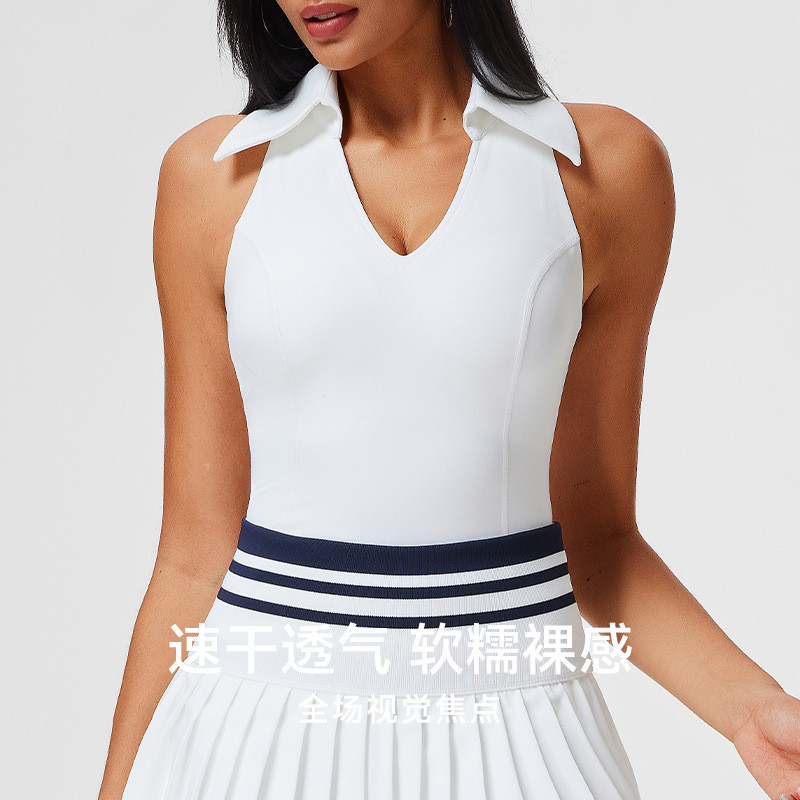 Polo翻领带胸垫运动背心女无袖网球瑜伽背心V领透气速干健身上衣