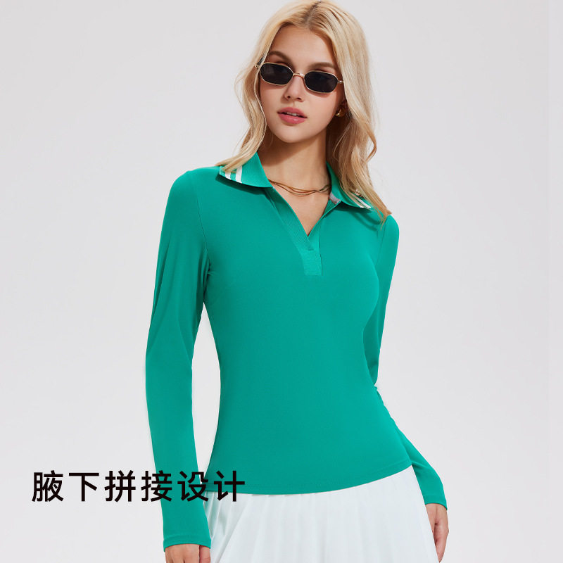V领长袖polo衫网球服翻领运动t恤