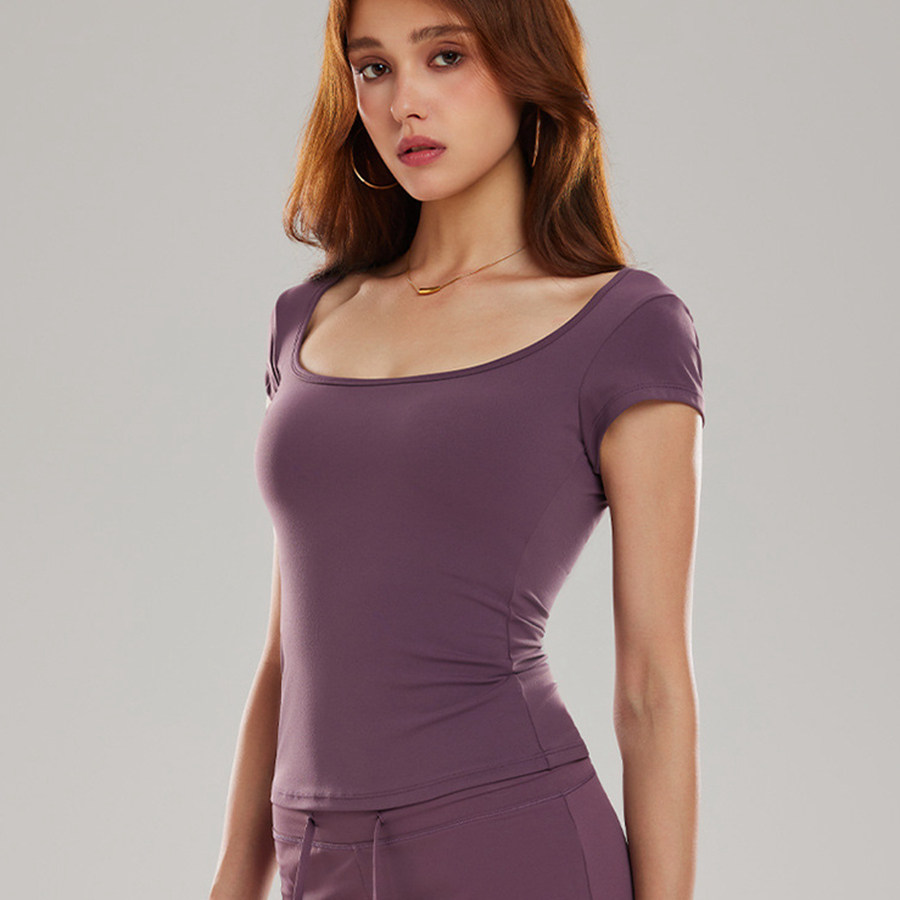 大方领短袖运动t恤女夏紧身显瘦