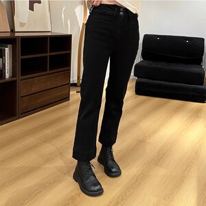 冬新款黑色加绒大码直筒牛仔裤女胖mm梨型身材腿粗屁股大显瘦裤子