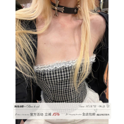 Raselesol蕾丝边格子抹胸上衣