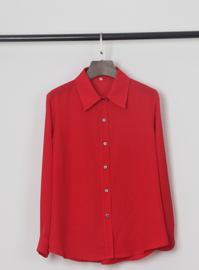 红色宽松显瘦翻领长袖雪纺衬衫女 24春夏新款大码气质通勤小衫OL