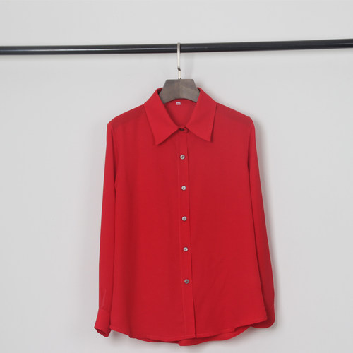 红色宽松显瘦翻领长袖雪纺衬衫女