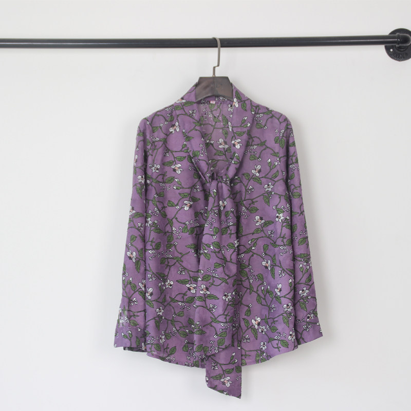 紫色枝蔓系带长袖雪纺衬衫女士 2024大码新款法系宽松印花v领小衫