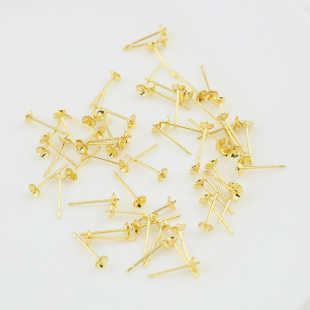 S925银针镀18K浅金色半孔珠托耳针粘珍珠耳钉手工diy保色耳饰材料