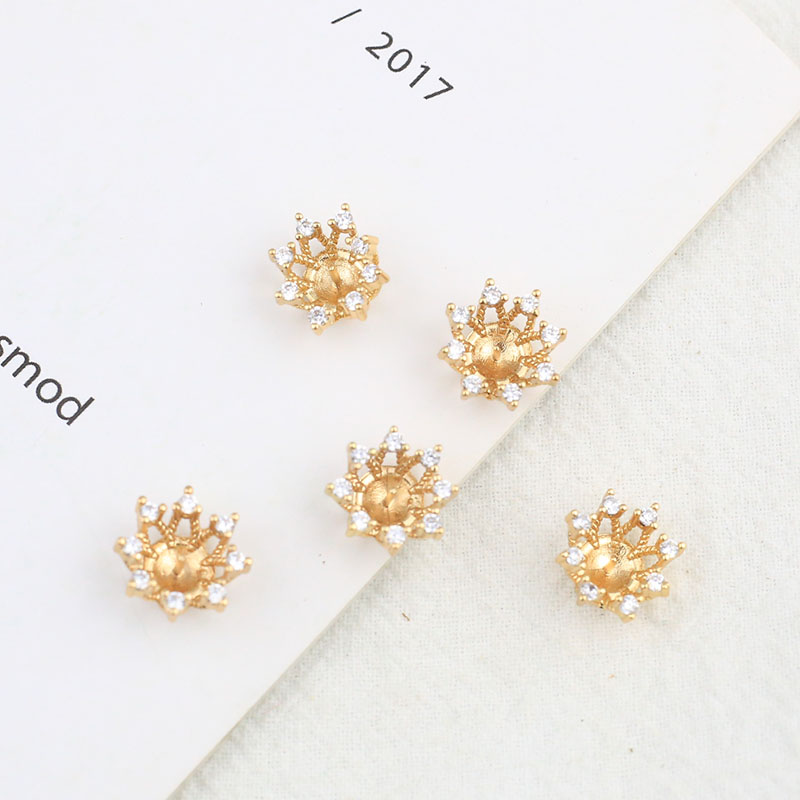 18k包金铸铜 微镶锆石皇冠花托 带针珠托diy饰品配件发簪项链材料