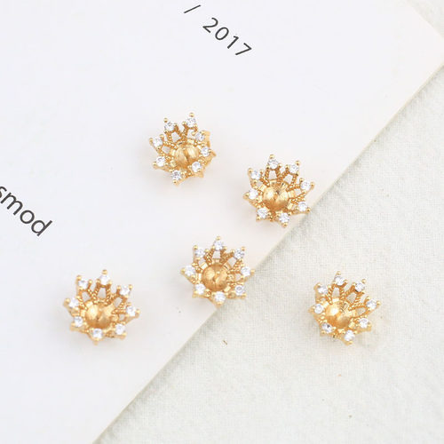 18k包金铸铜 微镶锆石皇冠花托 带针珠托diy饰品配件发簪项链材料