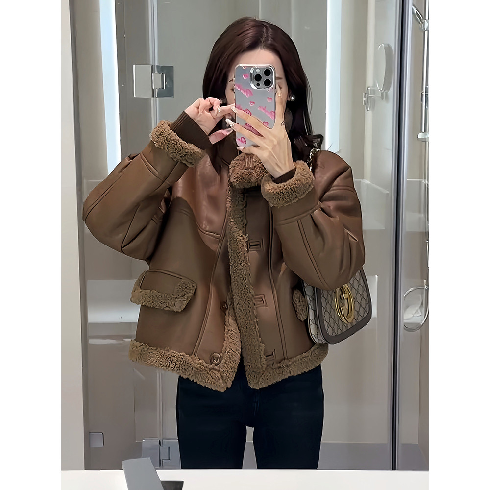 皮毛一体羊羔毛绒外套女2023冬新款美拉德加厚短款机车服皮衣夹克,女装/女士精品,毛针织衫,淘宝优惠券,粉丝福利购,淘宝优惠卷