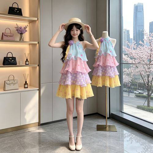 fortylions中长款彩色无袖挂脖a字波点蛋糕连衣裙女夏季甜美裙子