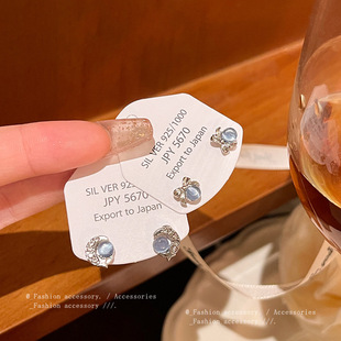 S925银针小众高级感蝴蝶结蓝色猫眼石耳钉女百搭气质星月耳环耳饰