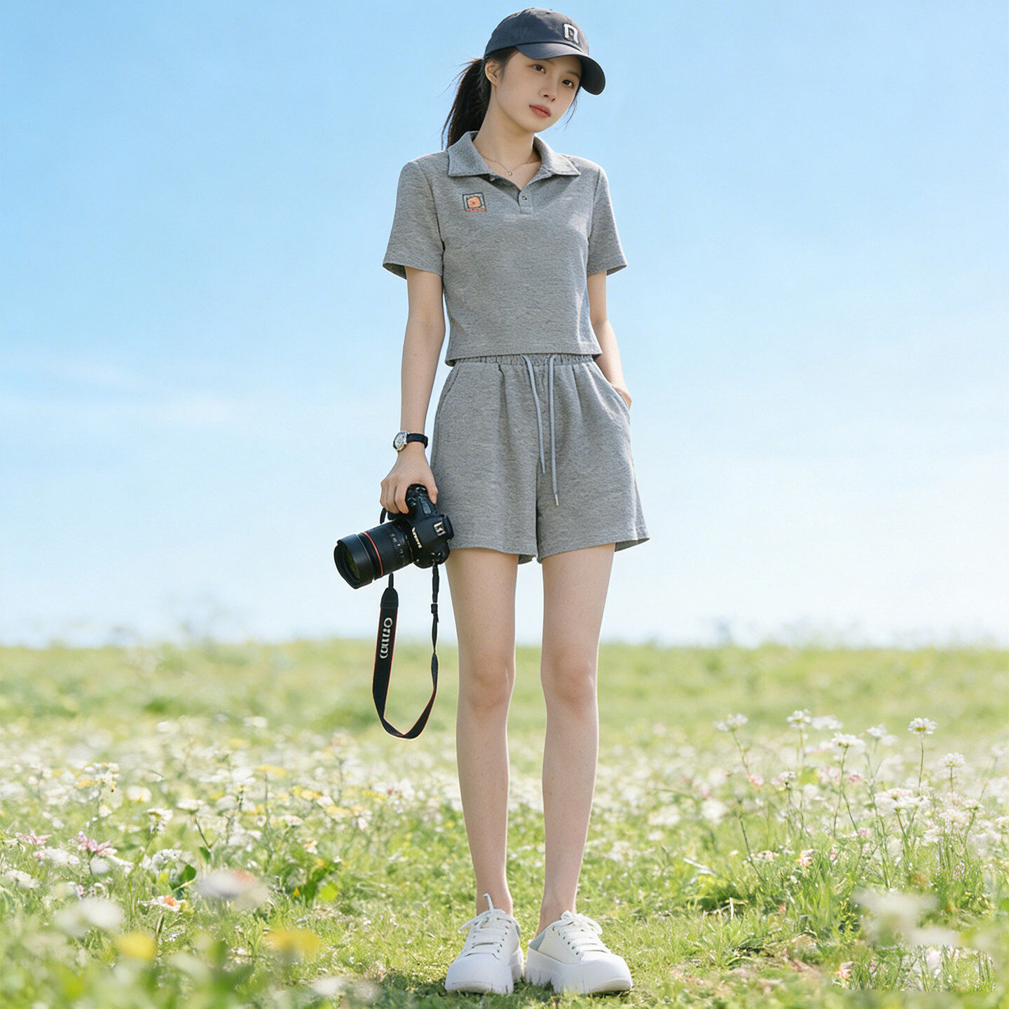 休闲运动套装女夏新款可爱慵懒风宽松翻领半开纽扣上衣短裤两件套