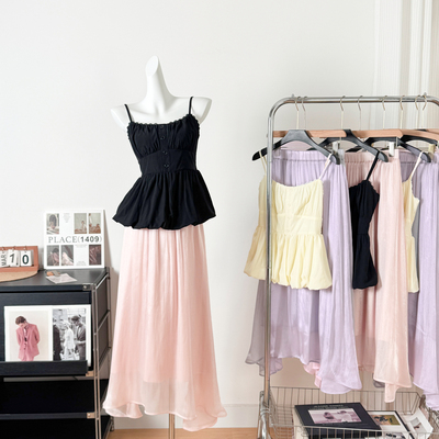 CallmeEar海岛缎波光粼粼松紧腰半身裙春季飘逸垂感a字长裙