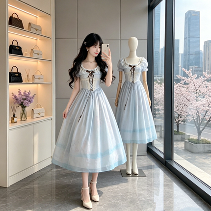Blovelan橘子海 甜美渐变晕染原创印花收腰a字短袖连衣裙女新款夏