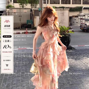 不规则收腰碎花吊带裙 浪漫度假收腰连衣裙法式 Lazy Didi爱神信筏