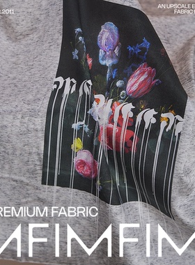 真丝弹力素绉缎面料灰色底印花服装布料 幅宽110CM