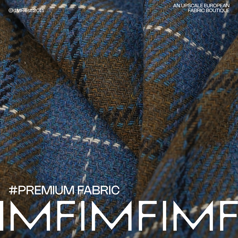 RL面料.WV初剪羊毛驼蓝格纹宽155CM420G/M 意大利直邮