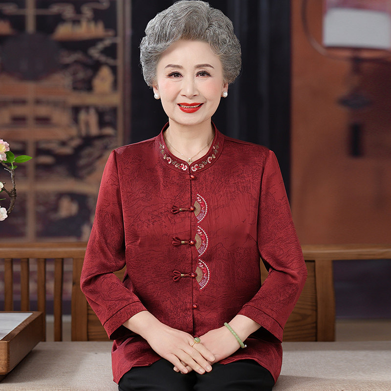 奶奶夏装真丝绣花衬衫中老年人女套装老太太桑蚕丝中式妈妈装上衣