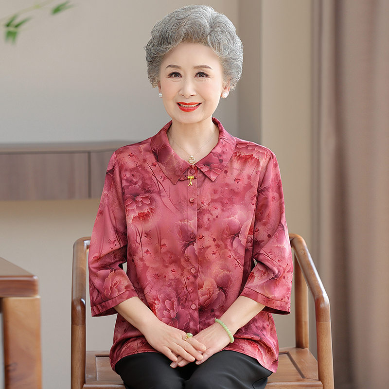奶奶夏装真丝衬衫新款中老年人套装老太太结婚礼服妈妈桑蚕丝上衣