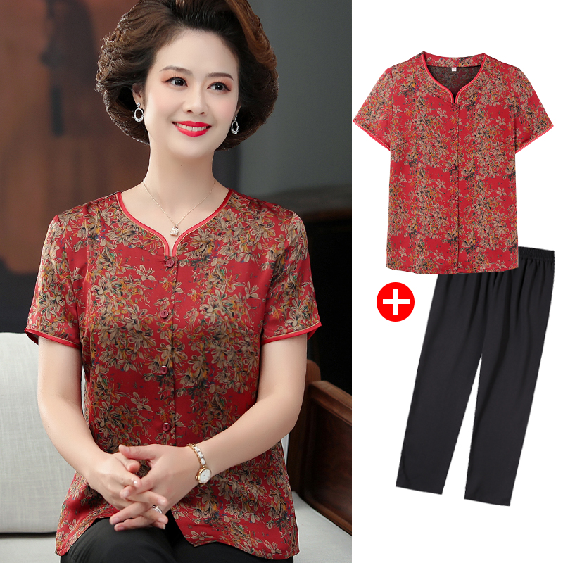 中老年人夏装女真丝T恤小个子妈妈款衬衫上衣服 奶奶小码短袖套装