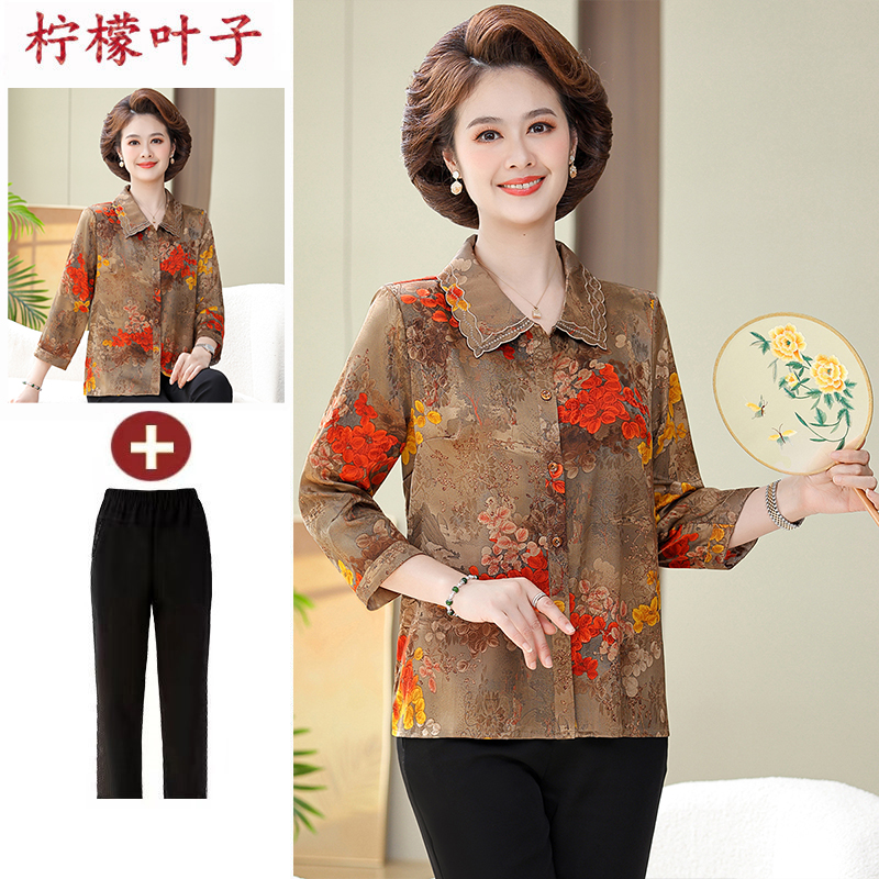 中老年人女装大码真丝衬衫洋气妈妈夏装套装重磅杭州桑蚕丝上衣女