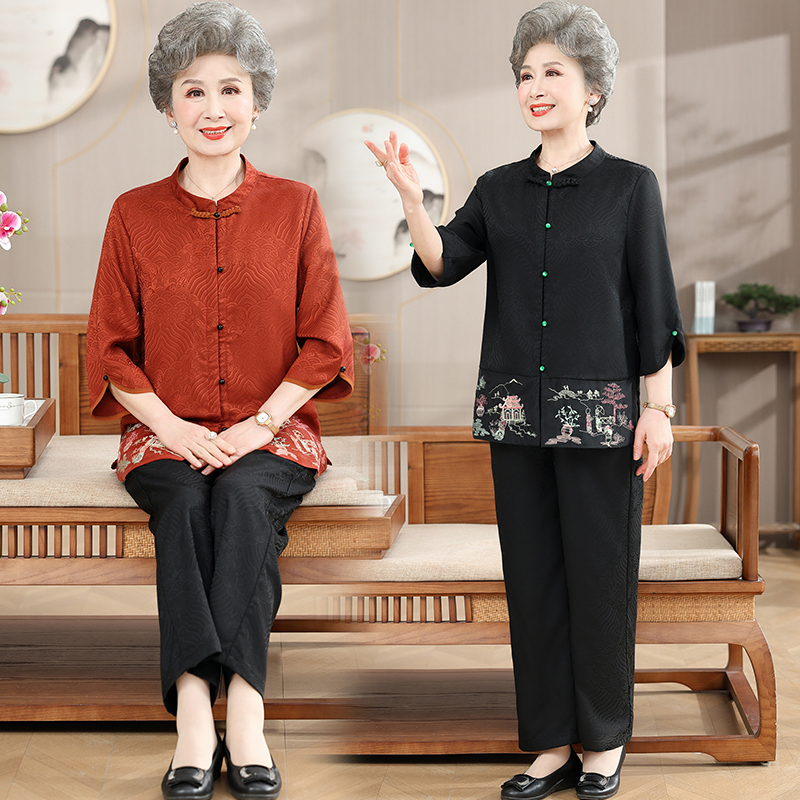 奶奶香云纱真丝套装女绣花中老年妈妈夏装上衣裤子两件套老人衣服