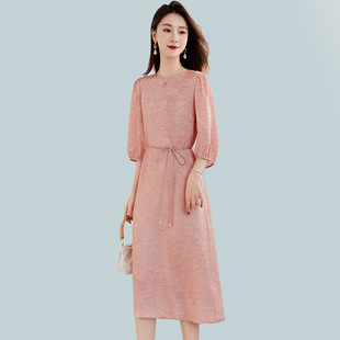 简约大气女装教师职业装OL通勤上班正式夏天中袖收腰人丝连衣裙子