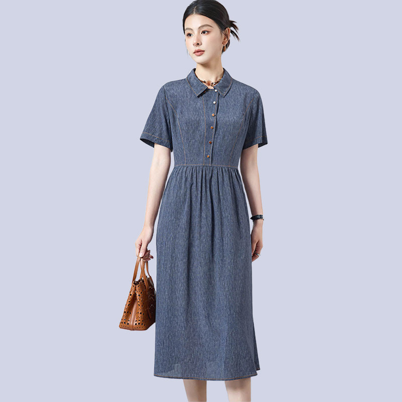 夏季翻领宽松腰大码女短袖牛仔色真丝桑蚕丝连衣裙OL通勤职业裙子