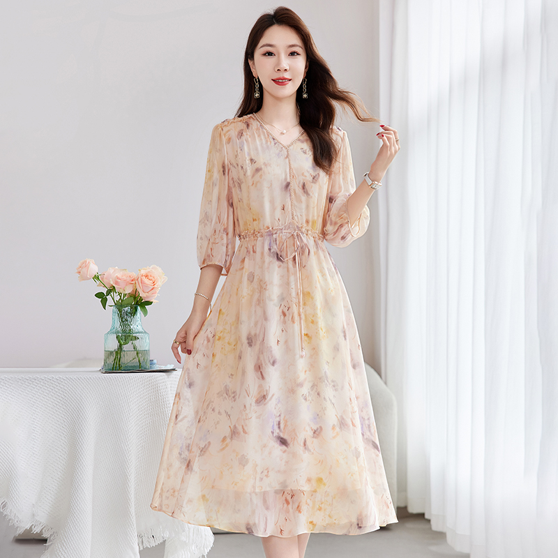 大码女装35岁40岁女夏装时尚印花真丝桑蚕丝连衣裙抽绳收腰显年轻