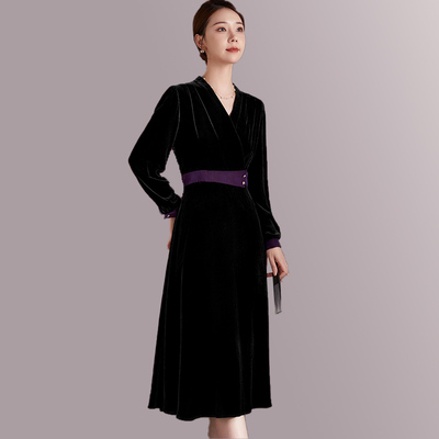 OL气质高贵真丝丝绒紫色V领大码