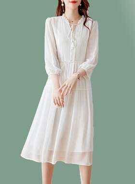 优雅教师职业气质杭州大牌白色真丝连衣裙女2025新款春夏桑蚕丝裙