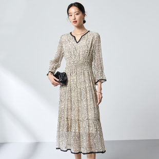 2026夏装新款九分袖真丝连衣裙松紧腰收腰中年女装桑蚕丝连衣裙子