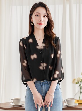 高级V领减龄女士真丝桑蚕丝衬衫