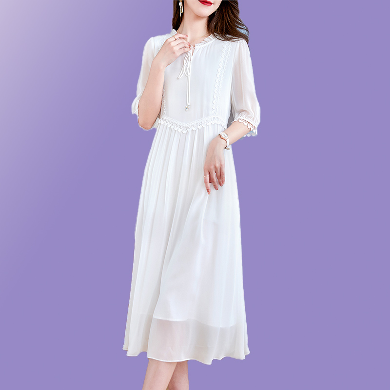 贵夫人纯色真丝裙白色宽松显瘦