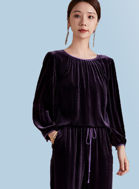 春秋新款宽松显瘦紫色真丝丝绒上衣新款高端长袖桑蚕丝丝绒T恤衫