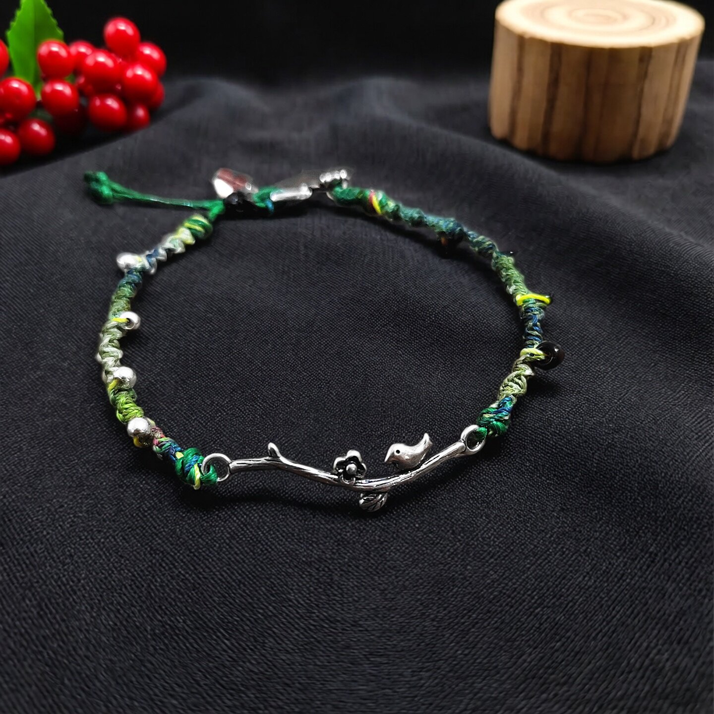 绿野仙踪古银有枝可依琉璃玫瑰银扣蜡绳原创设计复古藏式手绳手链