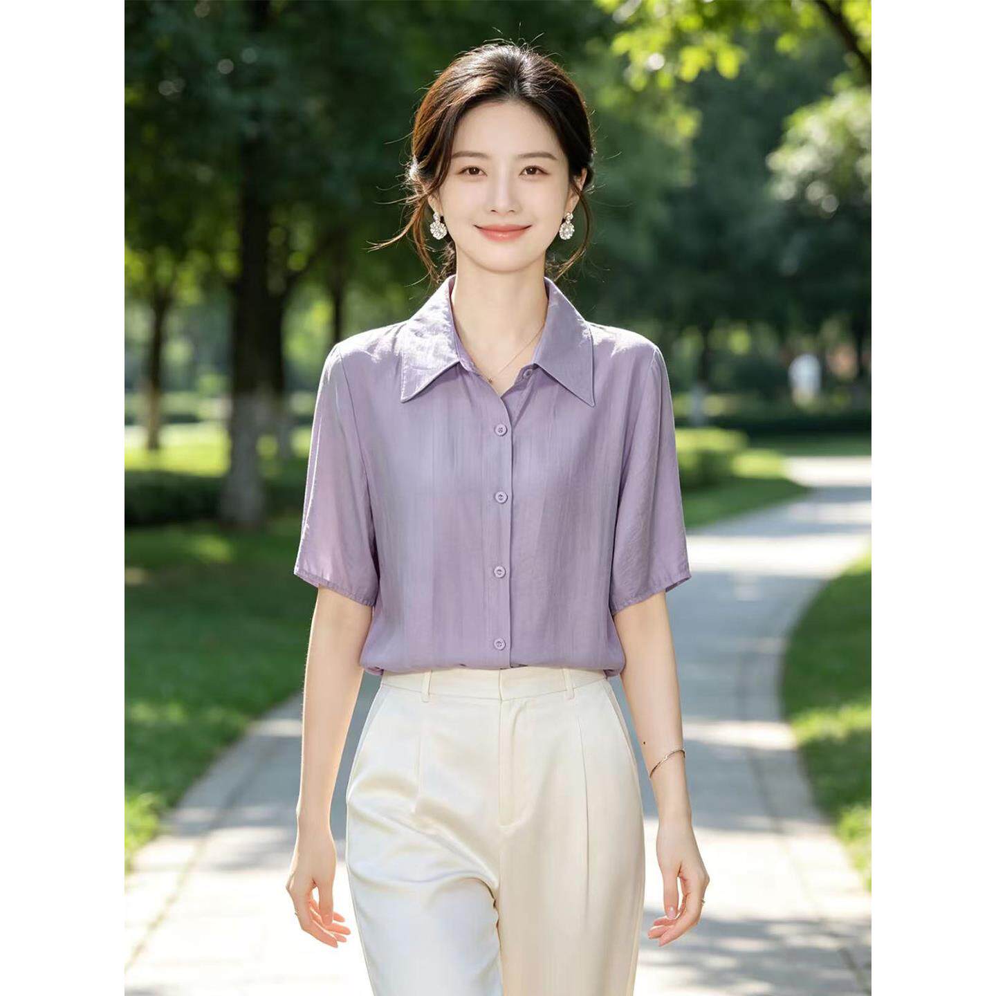 杭州高端大牌真丝衬衫女士短袖衬衣2026夏新款小衫时尚桑蚕丝上衣