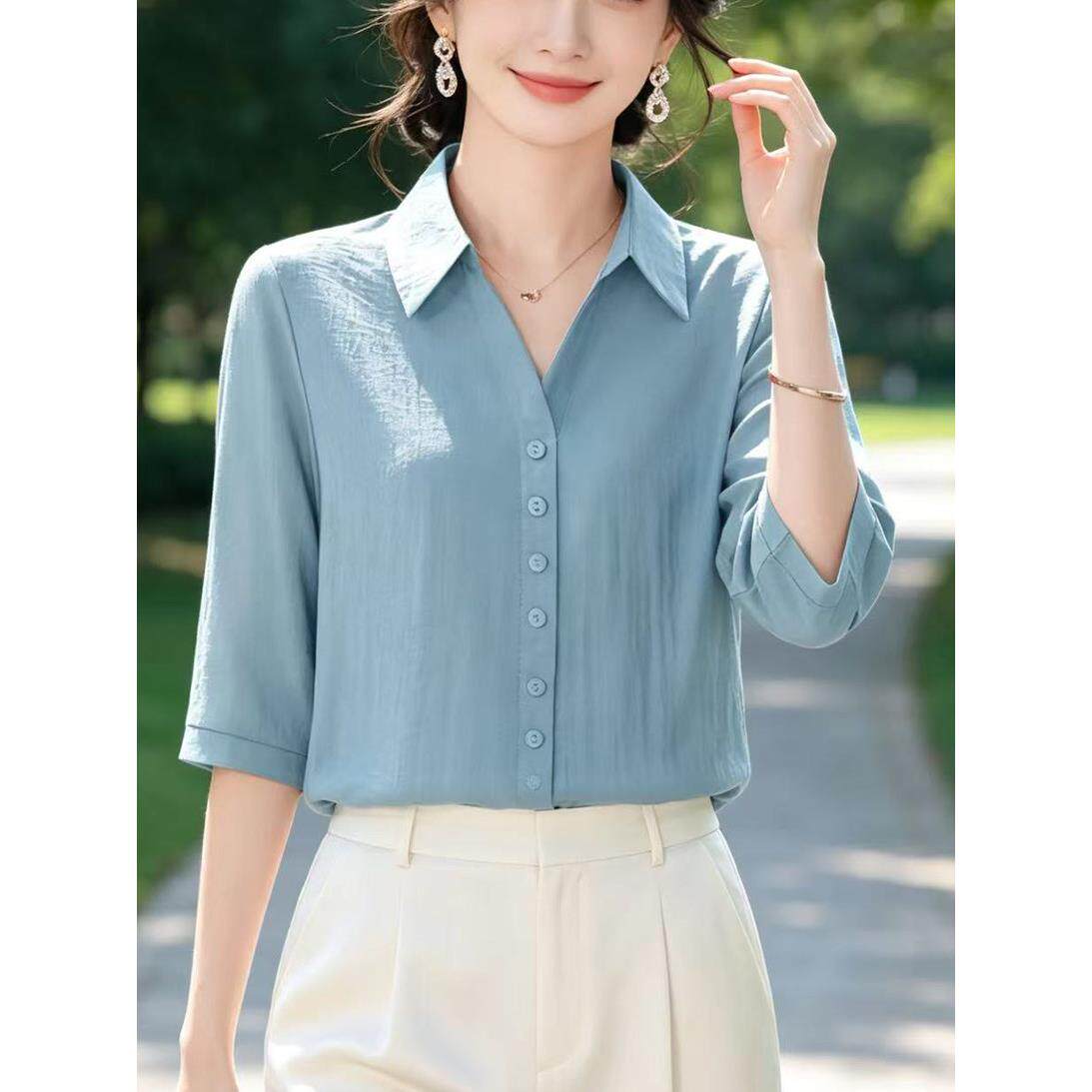 杭州高端大牌真丝衬衫女士2026夏季新款七分袖衬衣气质桑蚕丝上衣