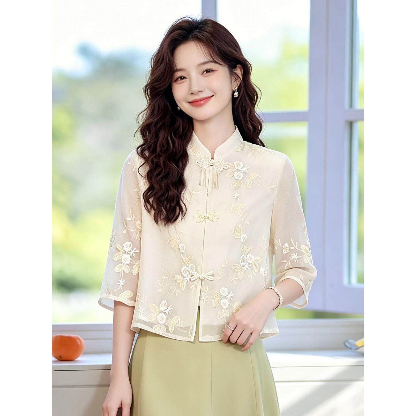 杭州高端大牌真丝衬衫女夏季新中式国风立领刺绣百搭洋气减龄上衣