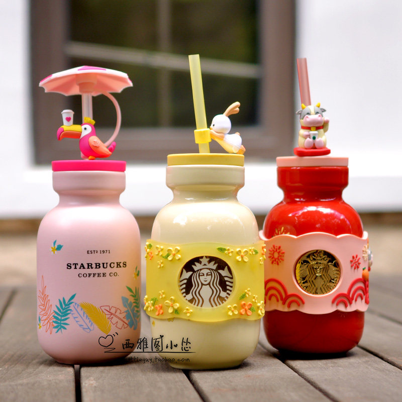 星巴克杯子大嘴鸟粉色玉兔小熊飘落桂花款奶瓶陶瓷吸管杯吸管塞
