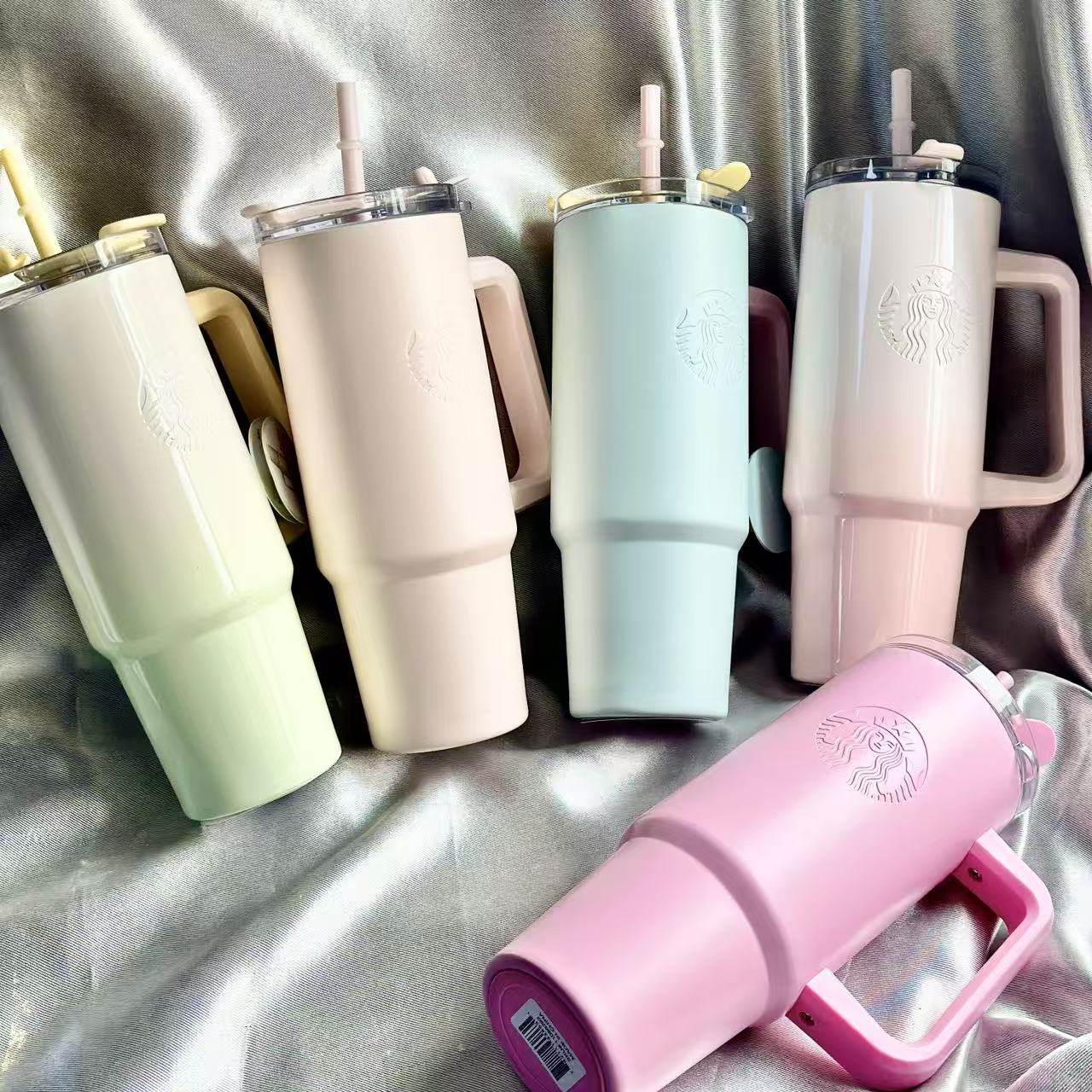 星巴克杯子大容量冰霸杯方把手银色花卉多彩学生随手保温吸管杯