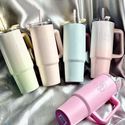 星巴克杯子大容量冰霸杯方把手银色花卉多彩学生随手保温吸管杯