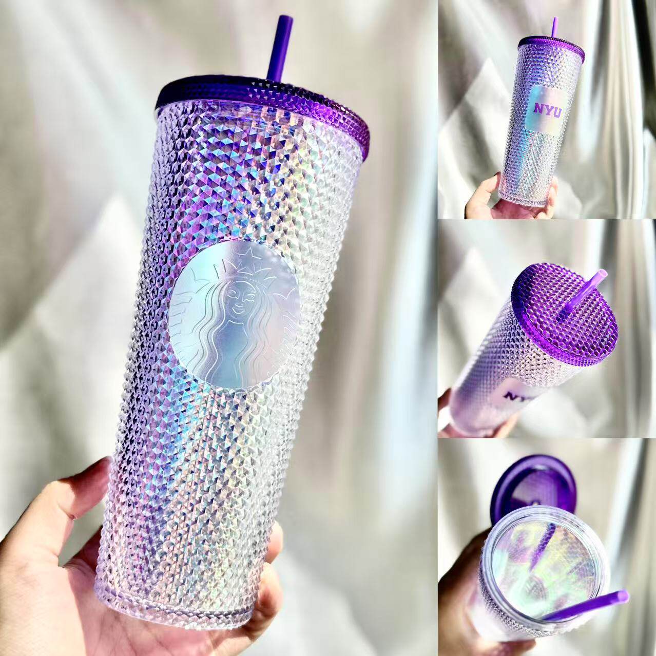 星巴克夏日杯子NYU双logo炫彩紫色炫彩榴莲塑料大容量吸管杯710ml
