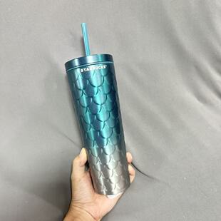 星巴克杯子周年庆591ml渐变鱼鳞款不锈钢吸管杯蓝色渐变随行杯