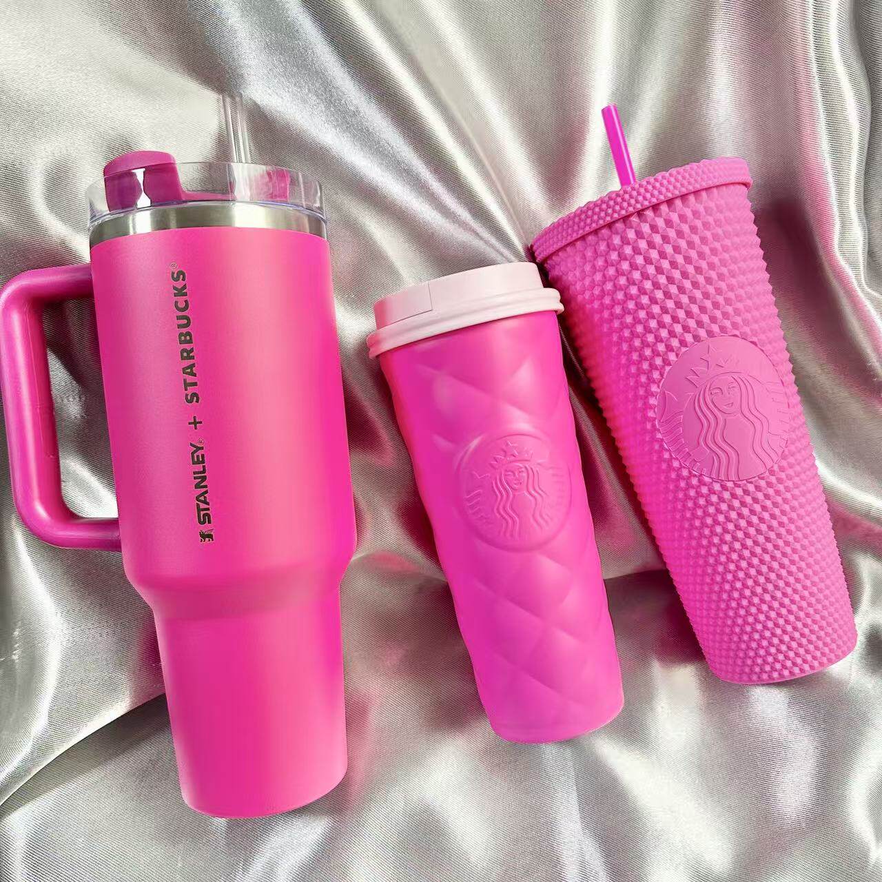星巴克杯子玫红亮粉色不锈钢保温杯大容量吸管多巴胺随行咖啡杯
